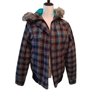 Vans Unisex Jacket Multicolor Plaid Hooded Hoodie zip Coat Faux Fur  Sz Lg